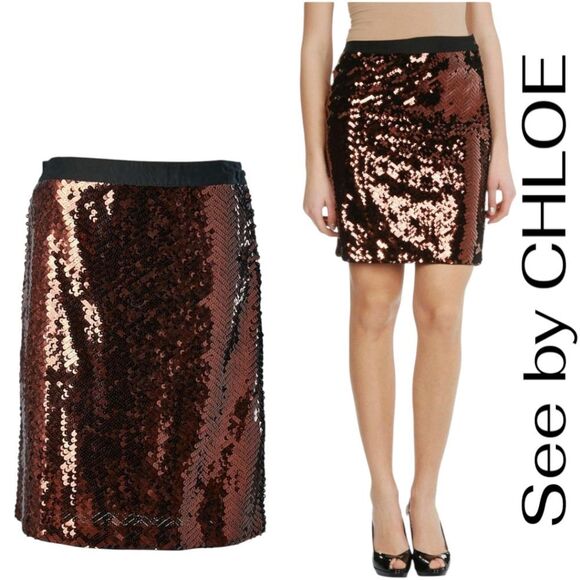CHLOÉ See by Chloe Sequin Skirt Bronze Pencil $1300 Small - Picture 1 of 14